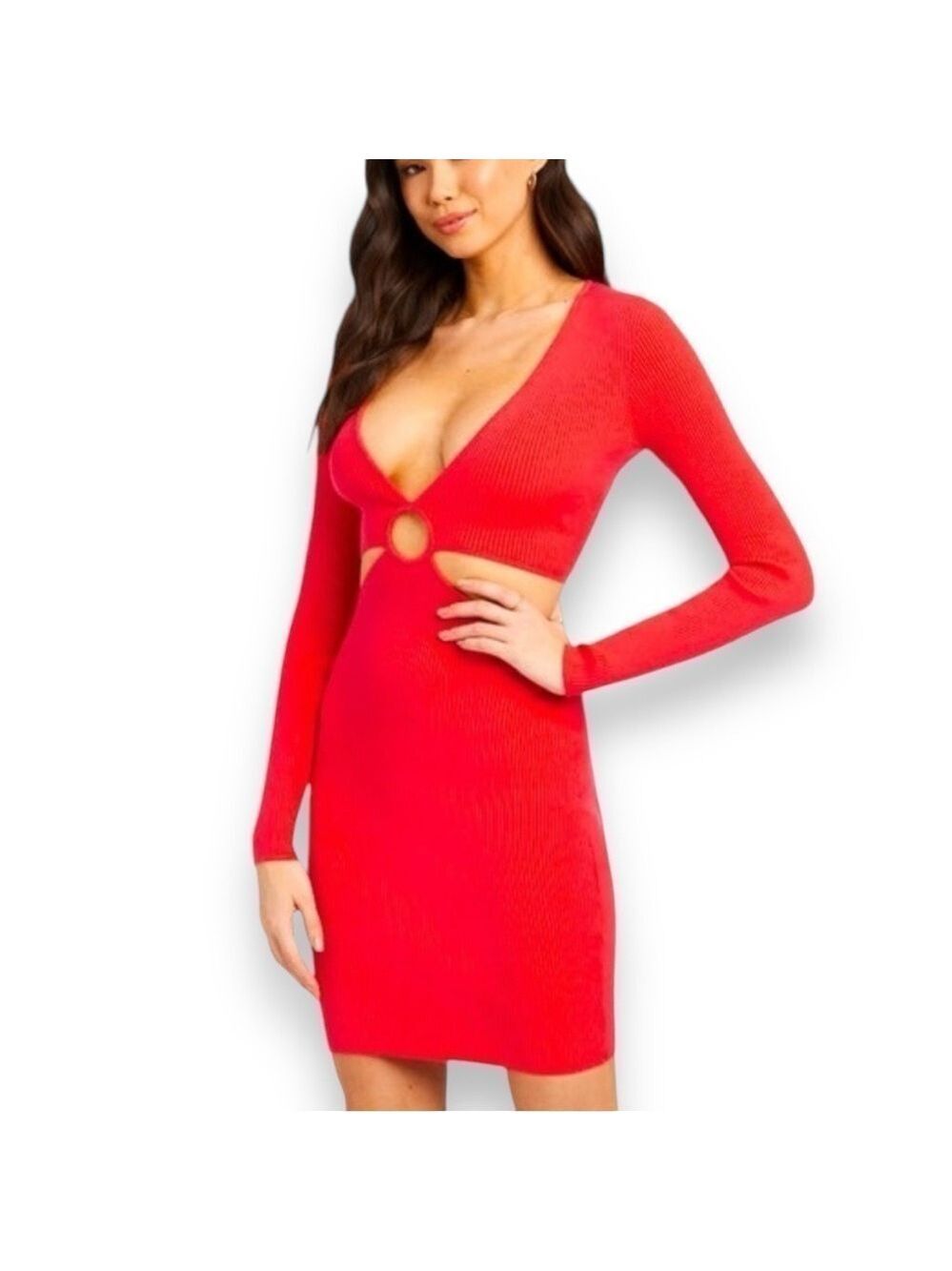 NWT Bebe Coral Red Rosey Cut Out Mini Sweater Dress - Medium